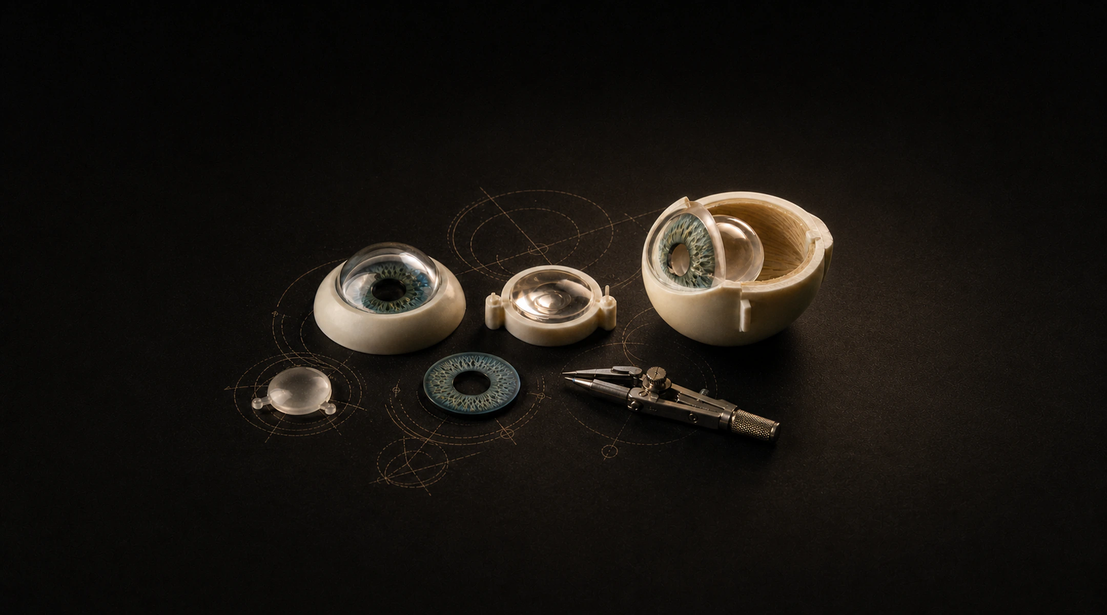 Millimeter-scale ophthalmic training models arranged on a precision bench