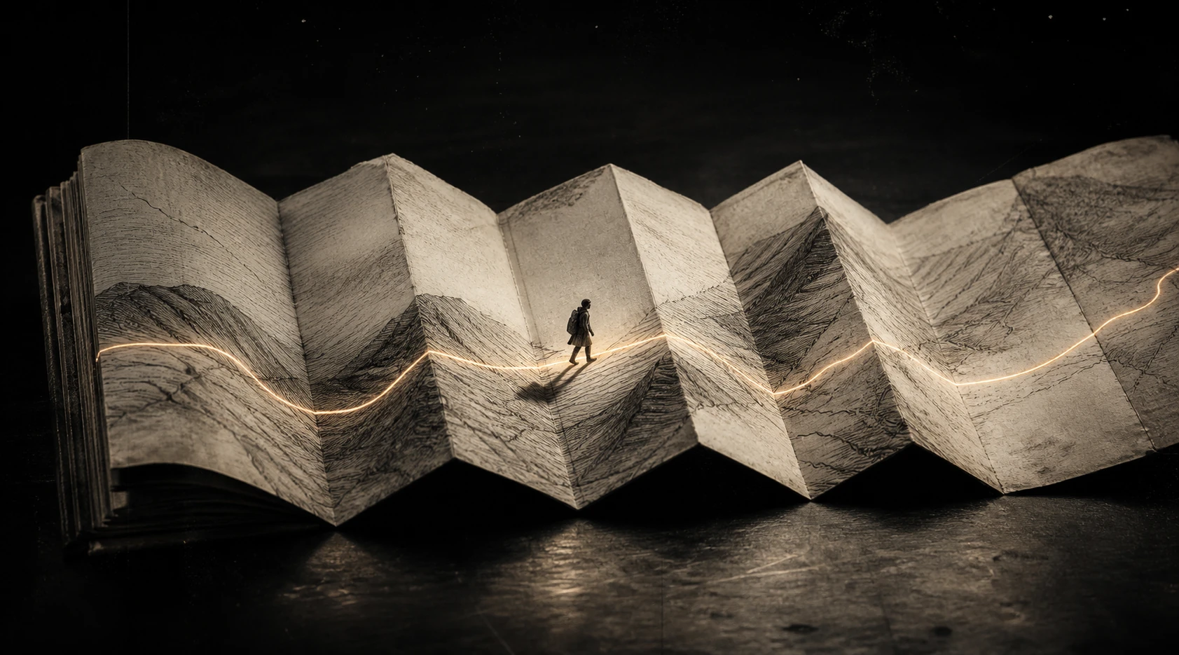 A traveler following a continuous route through a folded narrative map