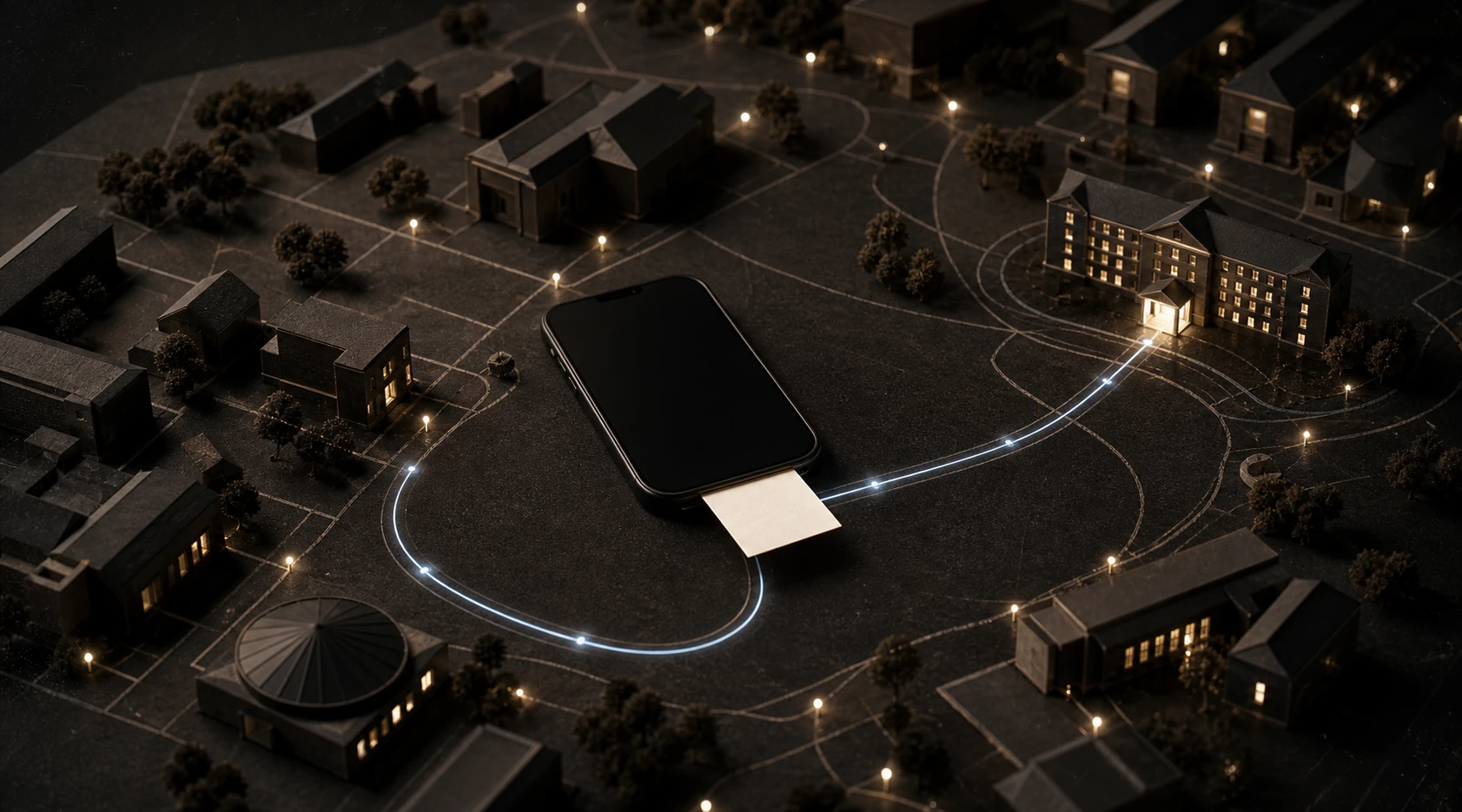 Campus help requests routed from a phone to matched service nodes